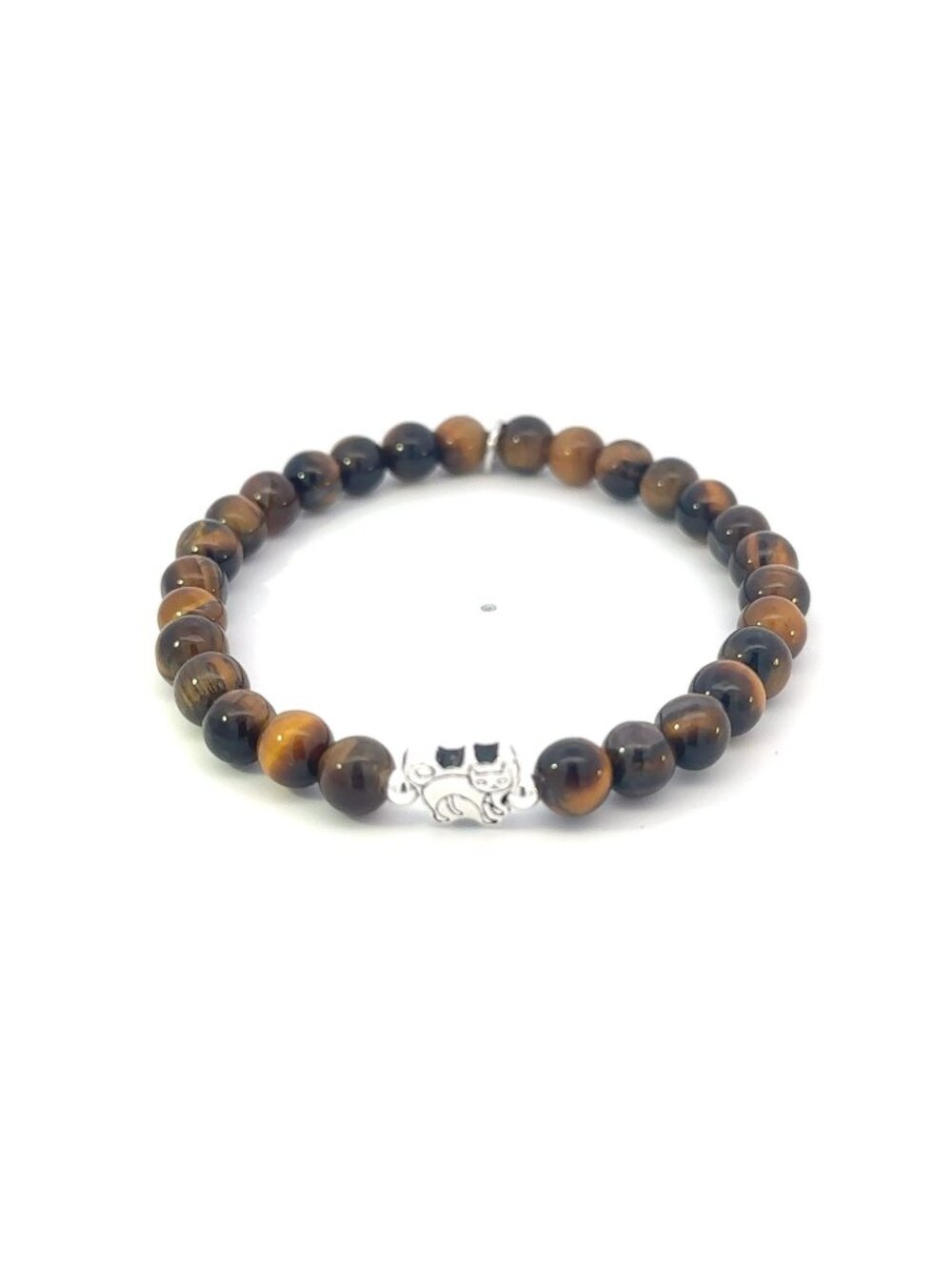 925 Sterling Silver Cat Tiger Eye Bracelet, Natural Gemstone Beaded Stretch Brac